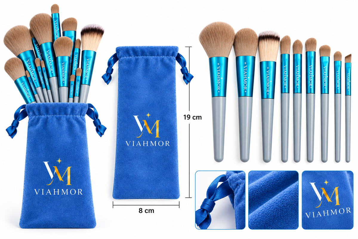 VIAHMOR Blue brush set and velvet drawstring pouch with size details