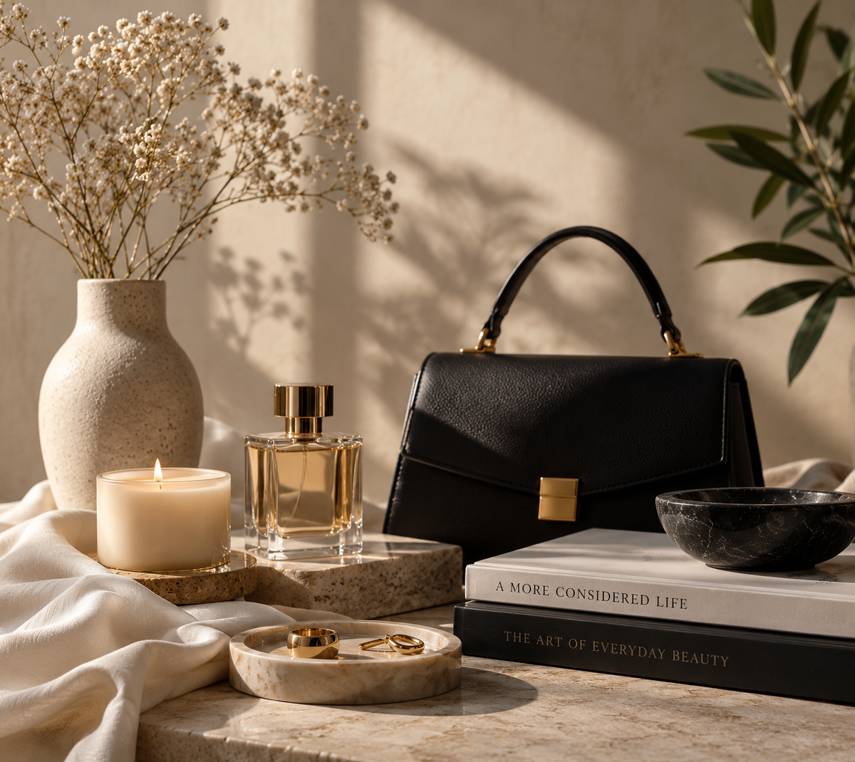 Black handbag, perfume and candle on a marble table in warm light