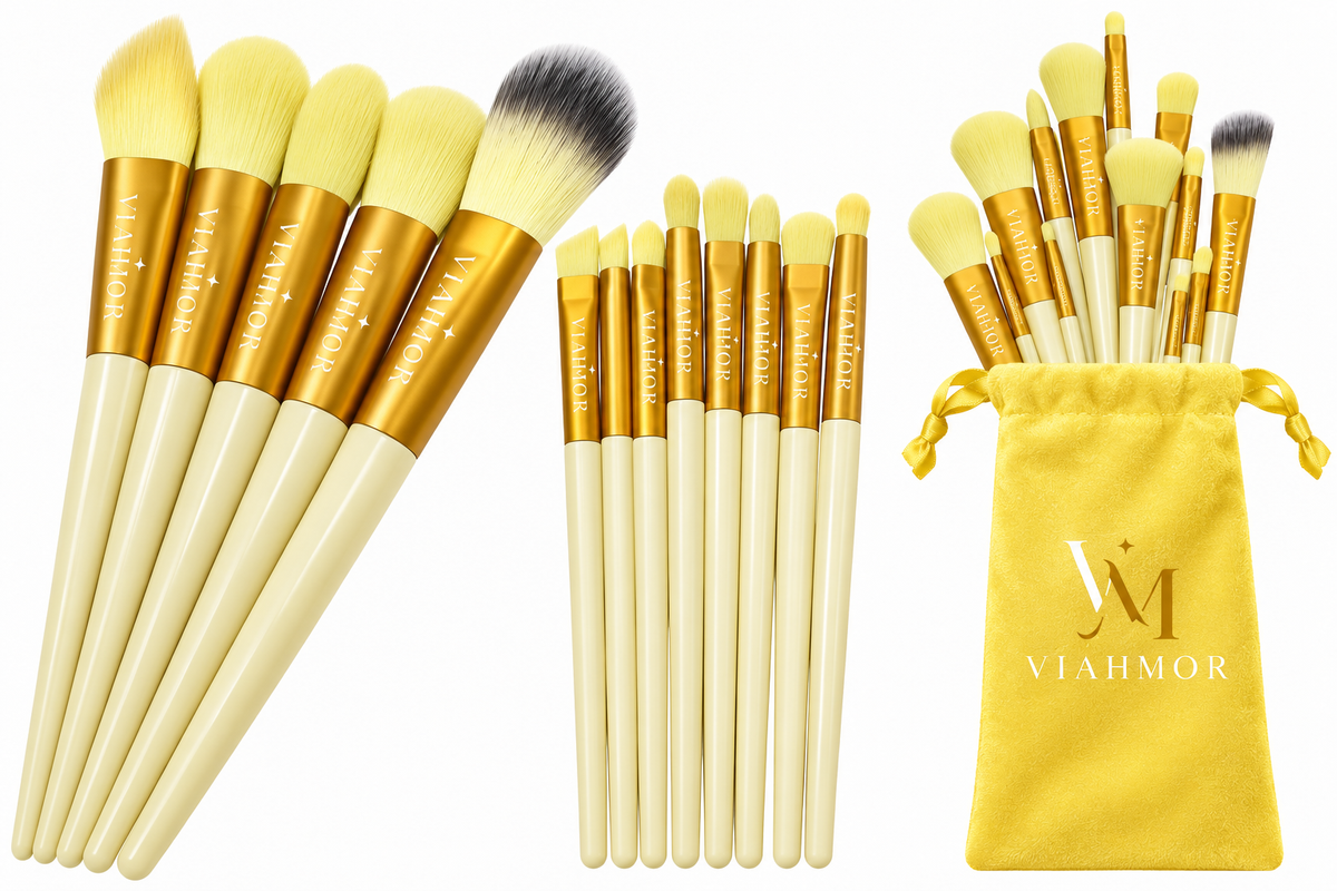 VIAHMOR Sunny Yellow 13-piece makeup brush set with drawstring pouch