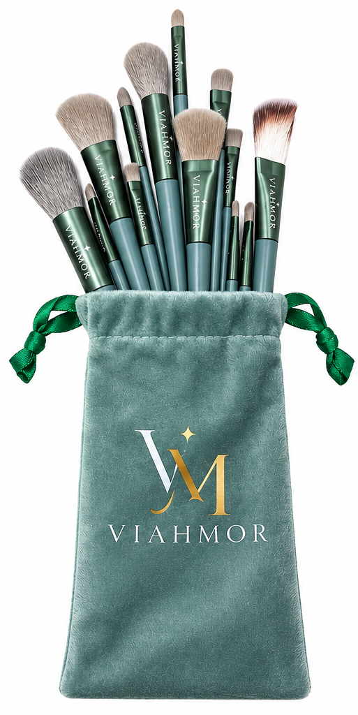 VIAHMOR 13-piece makeup brush set in Sage Green with matching velvet drawstring pouch