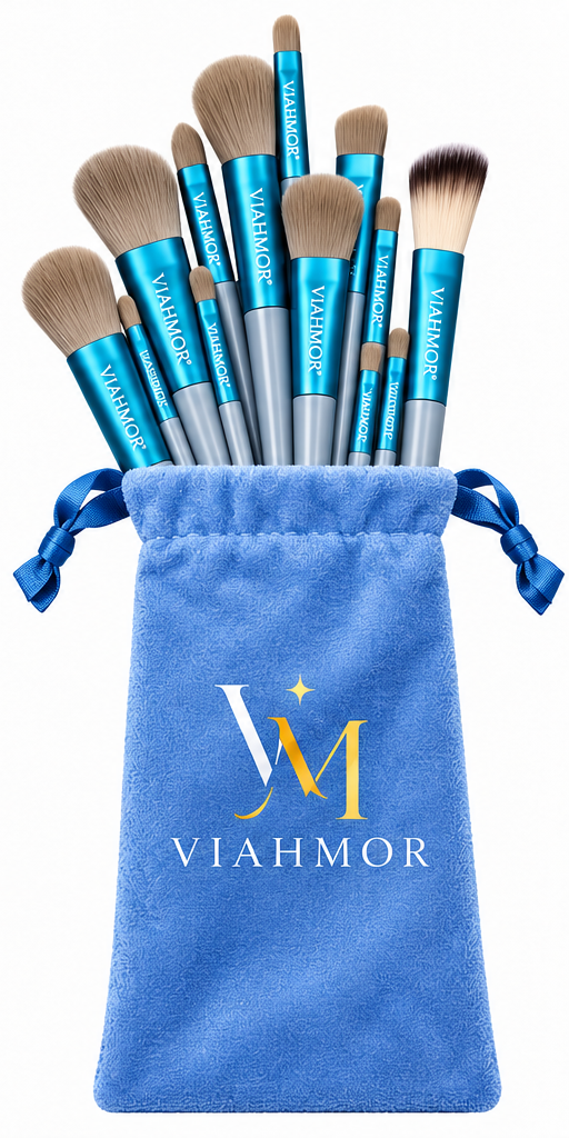 VIAHMOR 13-piece makeup brush set in Blue with matching velvet drawstring pouch