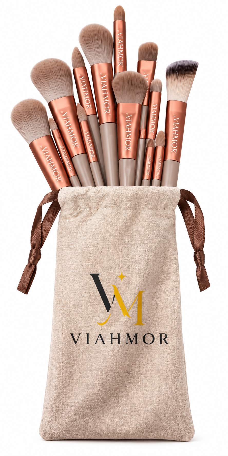 VIAHMOR 13-piece makeup brush set in Nude Beige with matching velvet drawstring pouch