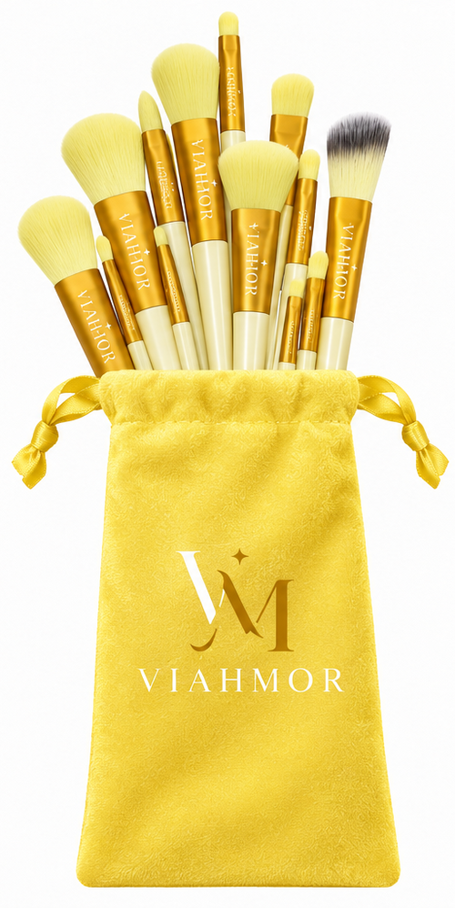 VIAHMOR 13-piece makeup brush set in Sunny Yellow with matching velvet drawstring pouch