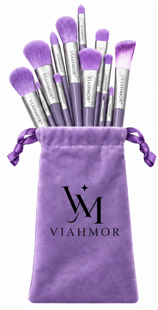 VIAHMOR 13-piece makeup brush set in Purple Lavender with matching velvet drawstring pouch